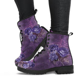 image shows a pair of lace up combat boots with black soles and lacing, just above ankle length.  These boots feature a print of purple gothic roses on a purple grunge background.